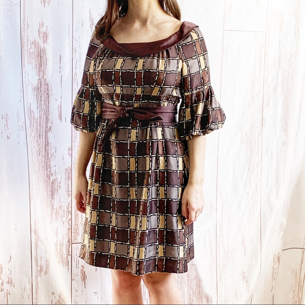 Nanette Lepore silk midi dress with puff sleeves brown tan round neck belted